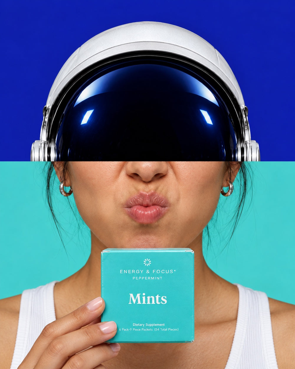 Campaña creada con IA: una astronauta y una mujer con la caja mint de Energy & Focus.