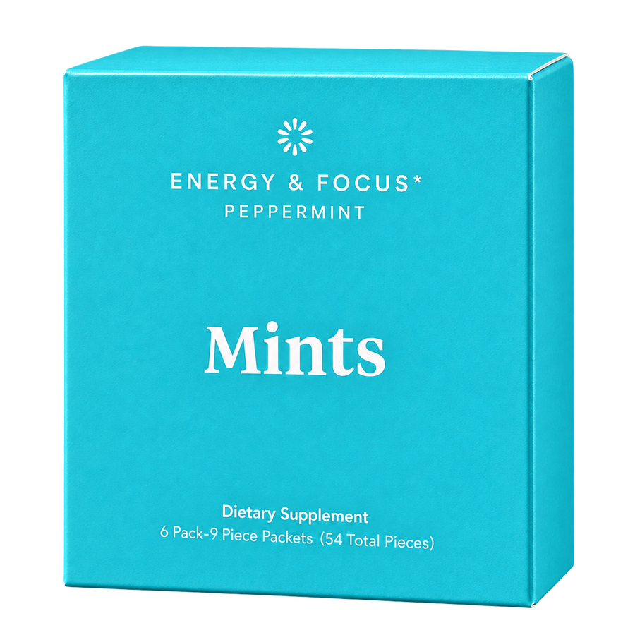 Energy & Focus Mints Peppermint, caja turquesa de 54 piezas.