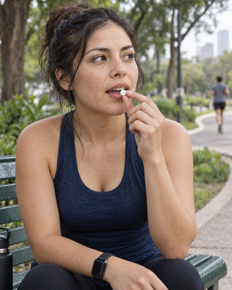 Modelo tomando una menta en un parque antes de correr. Campaña creada con IA.